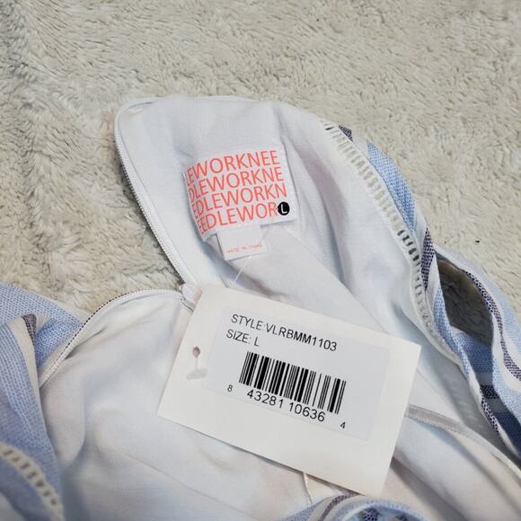 NWT Needlework Blue White Striped Sleeveless Halter Cottage Wide Leg Romper L - Picture 11 of 12